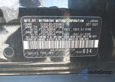 2022 Mitsubishi Outlander Es 2.5 S-Awc из США, поврежденный, VIN JA4J4TA8XNZ041716